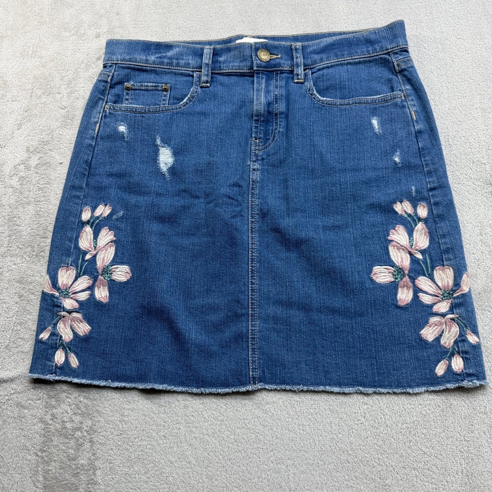 Loft Denim Skirt Women's 8 Floral Embroidered Distressed Raw Hem Mini Indie Boho